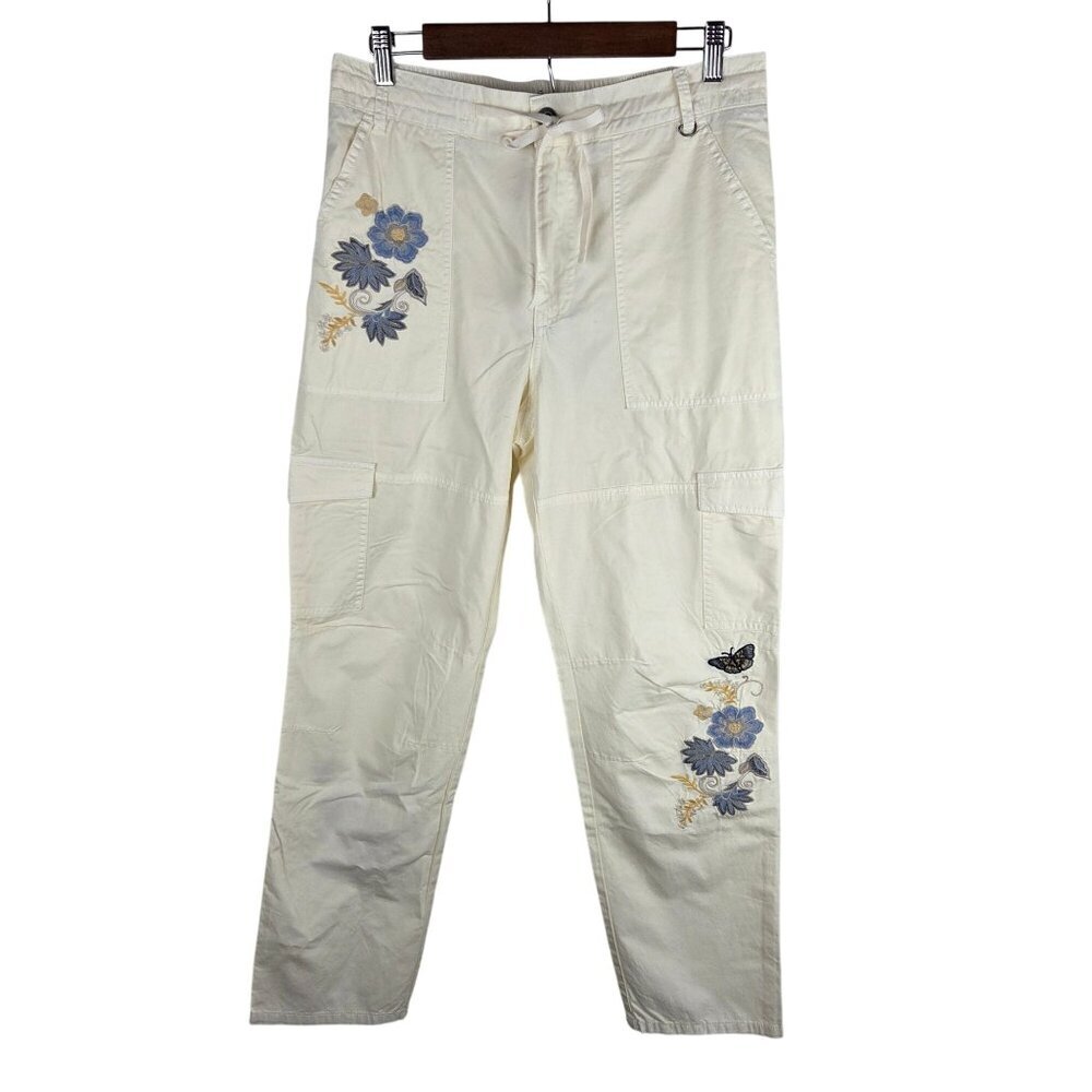 NWT! Sundance Starling Floral Embroidered Cargo Pants sz 8 Ivory Blue Flower - Picture 4 of 14